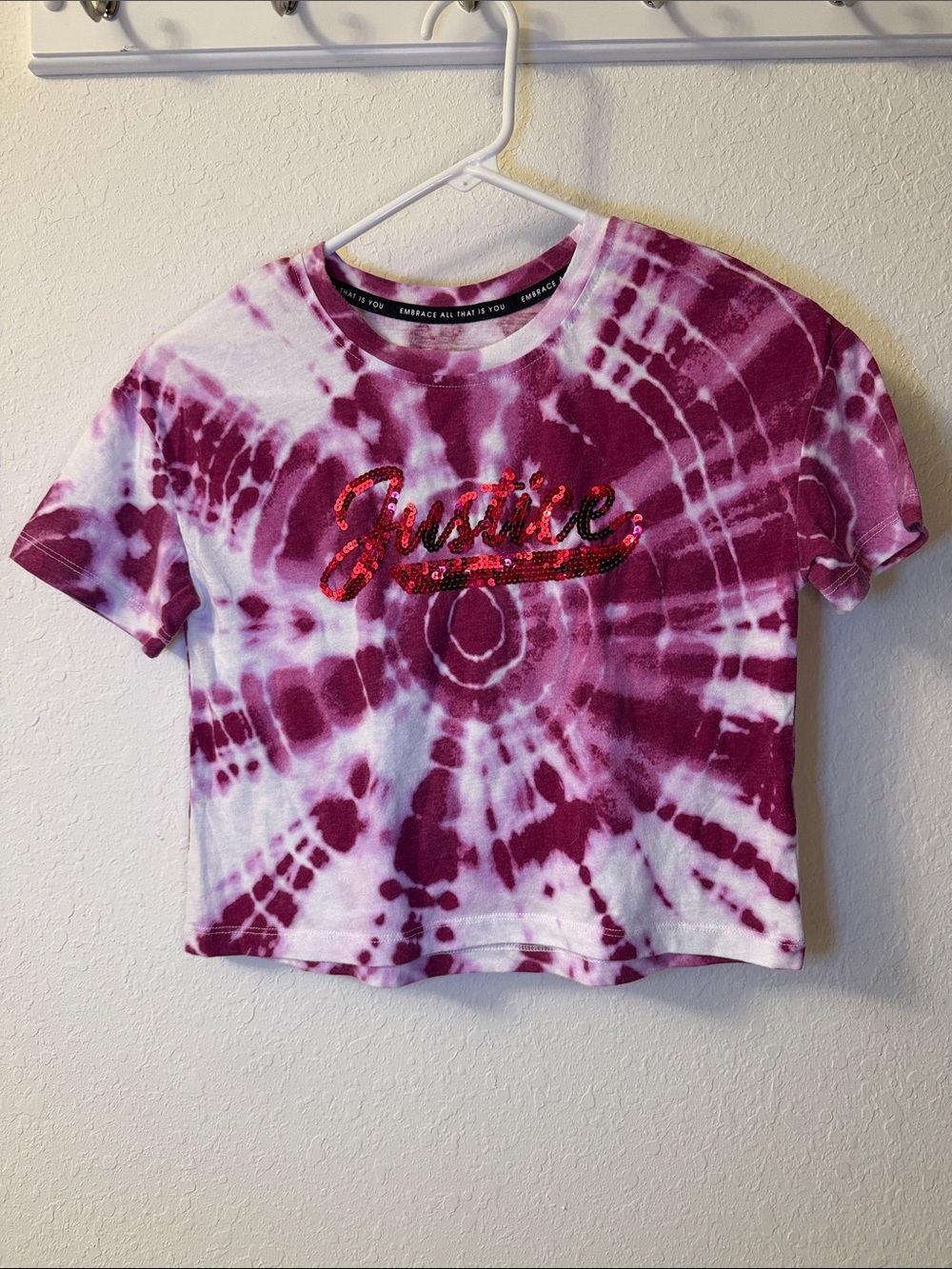 Justice Pink & White Tie-Dye Sequin Logo Crop Tee